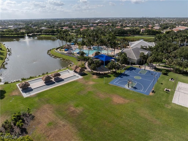 drone / aerial view with a water view