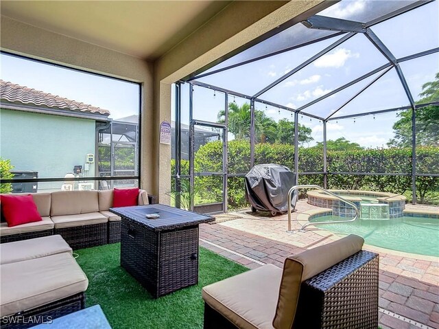 2846 Via Piazza Loop, Fort Myers, FL 33905 - view of patio / terrace featuring an outdoor living space, glass enclosure, a pool with connected hot tub, and grilling area