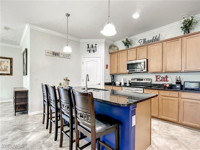 2846 Via Piazza Loop, Fort Myers, FL 33905 - kitchen with appliances with stainless steel finishes, ornamental molding, a sink, and a center island with sink
