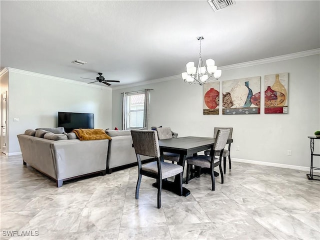2846 Via Piazza Loop, Fort Myers, FL 33905 - dining space with crown molding, baseboards, visible vents, and ceiling fan with notable chandelier