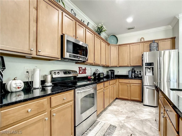 2846 Via Piazza Loop, Fort Myers, FL 33905 - kitchen featuring visible vents, ornamental molding, marble finish floor, dark stone countertops, and appliances with stainless steel finishes