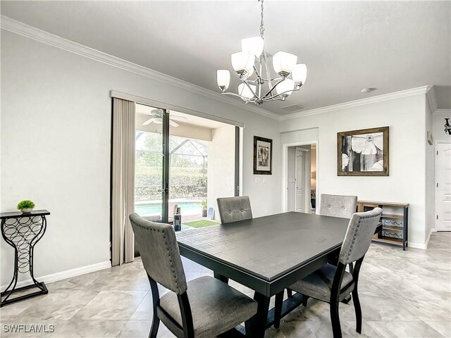2846 Via Piazza Loop, Fort Myers, FL 33905 - dining space featuring baseboards, ornamental molding, and ceiling fan with notable chandelier