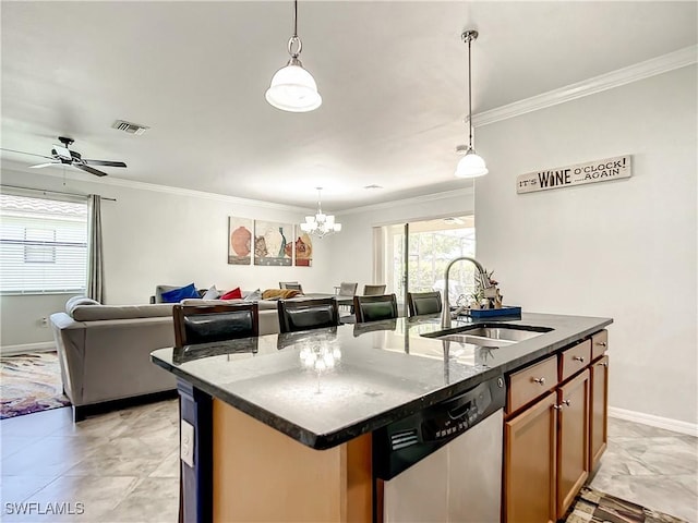 2846 Via Piazza Loop, Fort Myers, FL 33905 - kitchen featuring visible vents, crown molding, stainless steel dishwasher, a center island with sink, and a sink