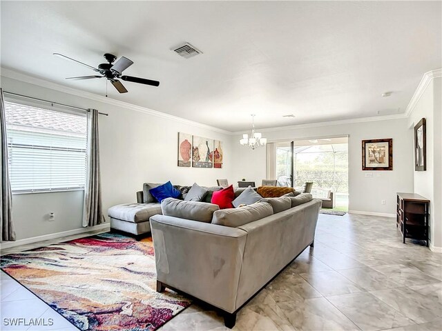 2846 Via Piazza Loop, Fort Myers, FL 33905 - living area featuring crown molding, baseboards, visible vents, and ceiling fan with notable chandelier