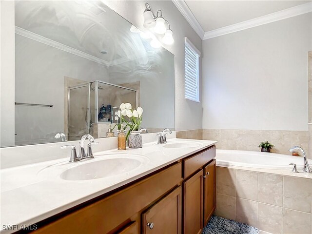 2846 Via Piazza Loop, Fort Myers, FL 33905 - bathroom with crown molding, double vanity, a sink, and a stall shower
