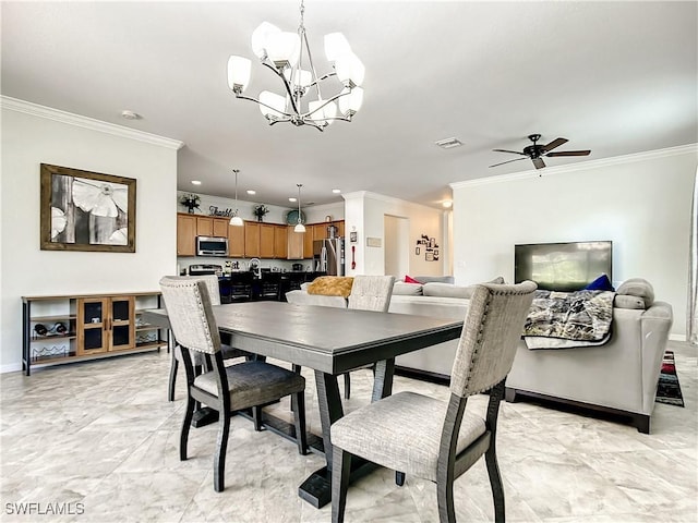 2846 Via Piazza Loop, Fort Myers, FL 33905 - dining area with visible vents, ornamental molding, baseboards, and ceiling fan with notable chandelier