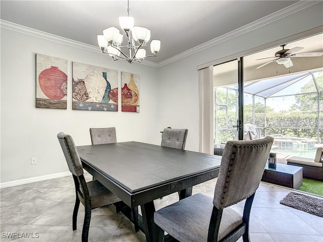 2846 Via Piazza Loop, Fort Myers, FL 33905 - dining space featuring a sunroom, light tile patterned floors, baseboards, ceiling fan with notable chandelier, and ornamental molding