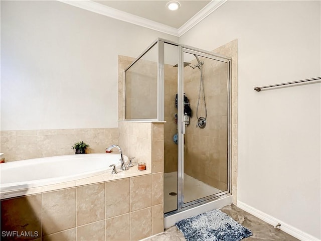 2846 Via Piazza Loop, Fort Myers, FL 33905 - bathroom featuring baseboards, ornamental molding, a shower stall, and a bath