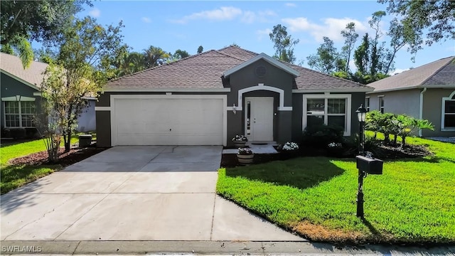 single story home with concrete driveway, a garage, stucco siding, a front yard, and a shingled roof