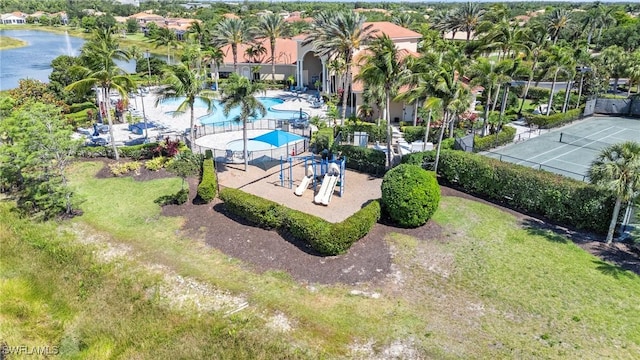 birds eye view of property featuring a water view