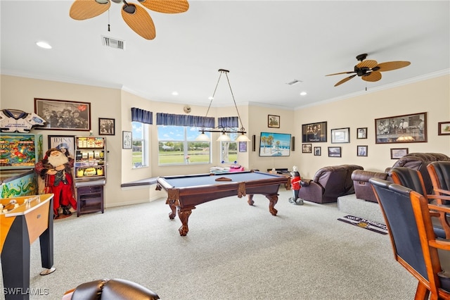 14691 Triple Eagle Ct, Fort Myers, FL 33912 - recreation room featuring ceiling fan, carpet, ornamental molding, pool table, and recessed lighting