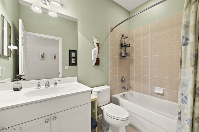 bathroom featuring vanity, shower / bathtub combination with curtain, tile patterned floors, and toilet