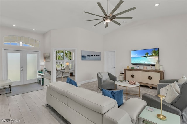 931 Snowberry Ct, Marco Island, FL 34145 - living room featuring french doors, a ceiling fan, recessed lighting, and high vaulted ceiling
