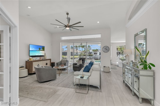 931 Snowberry Ct, Marco Island, FL 34145 - living room featuring recessed lighting, ceiling fan, light wood-style flooring, and a high ceiling