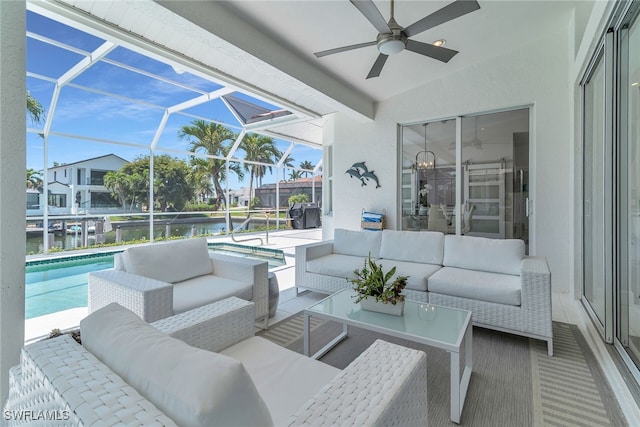 931 Snowberry Ct, Marco Island, FL 34145 - view of patio featuring ceiling fan, a lanai, an outdoor pool, an outdoor hangout area, and a water view