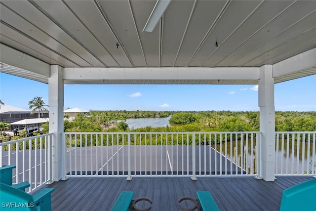 deck featuring a water view