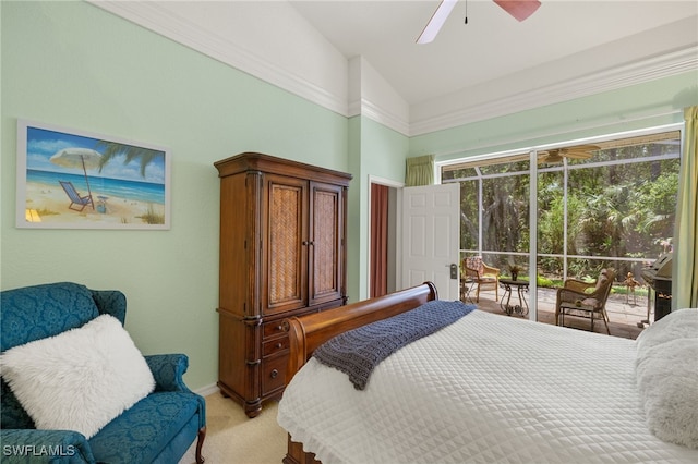 bedroom with baseboards, light carpet, ceiling fan, and access to exterior