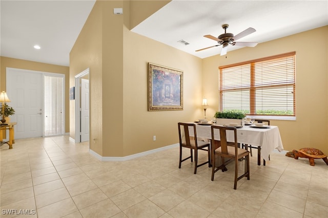 dining space featuring ceiling fan, recessed lighting, baseboards, light tile patterned floors, and visible vents