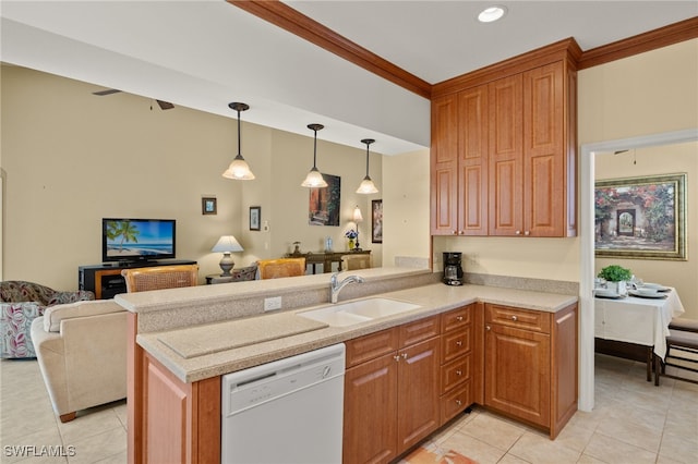 kitchen featuring white dishwasher, a sink, light tile patterned floors, and open floor plan