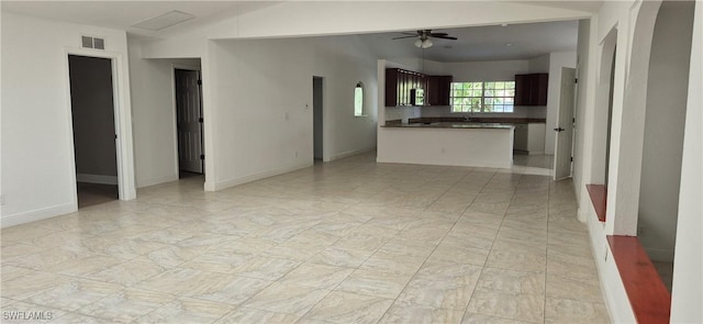 315 Cleveland Ave, Lehigh Acres, FL 33936 - unfurnished living room with visible vents, a sink, baseboards, and ceiling fan