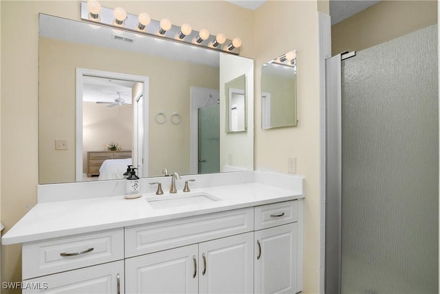 7505 Stoneybrook Dr Unit 746, Naples, FL 34112 - full bath featuring vanity, visible vents, ensuite bathroom, a shower stall, and a ceiling fan