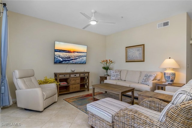 7505 Stoneybrook Dr Unit 746, Naples, FL 34112 - living room featuring visible vents, a ceiling fan, and light tile patterned floors