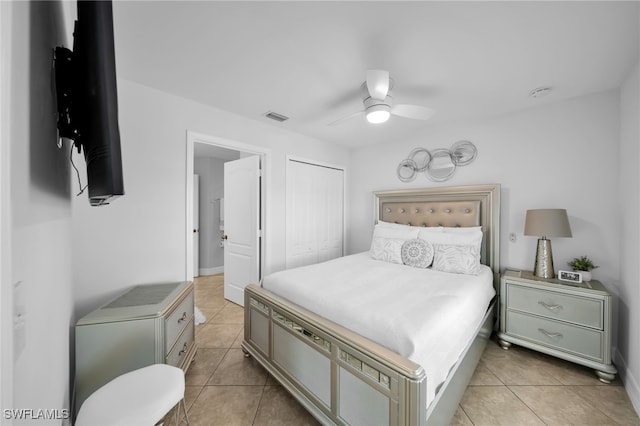 202 NE 16th Ter, Cape Coral, FL 33909 - bedroom with visible vents, a closet, light tile patterned flooring, baseboards, and ceiling fan