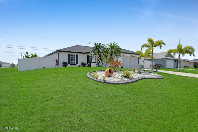 202 NE 16th Ter, Cape Coral, FL 33909 - ranch-style home with an attached garage, driveway, a front yard, and stucco siding