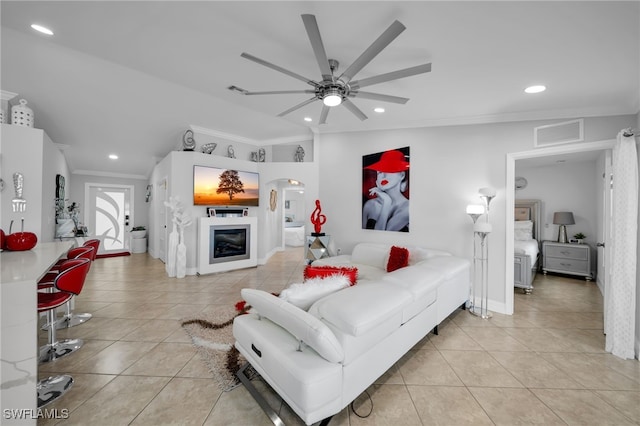 202 NE 16th Ter, Cape Coral, FL 33909 - living area with ceiling fan, visible vents, light tile patterned floors, ornamental molding, and recessed lighting