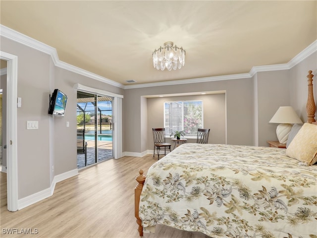 11526 Forest Mere Dr, Bonita Springs, FL 34135 - bedroom with crown molding, baseboards, light wood-style flooring, and access to exterior