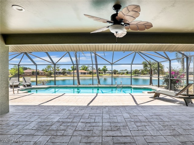 11526 Forest Mere Dr, Bonita Springs, FL 34135 - pool with a patio, a ceiling fan, and glass enclosure