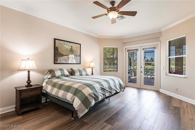 bedroom with visible vents, wood finished floors, access to exterior, baseboards, and french doors