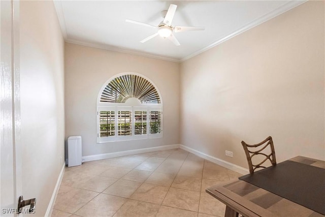 unfurnished office featuring crown molding, light tile patterned flooring, baseboards, and ceiling fan