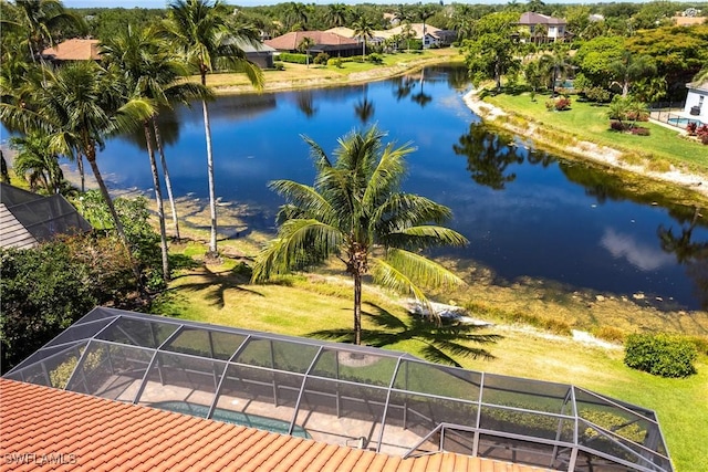 drone / aerial view with a water view
