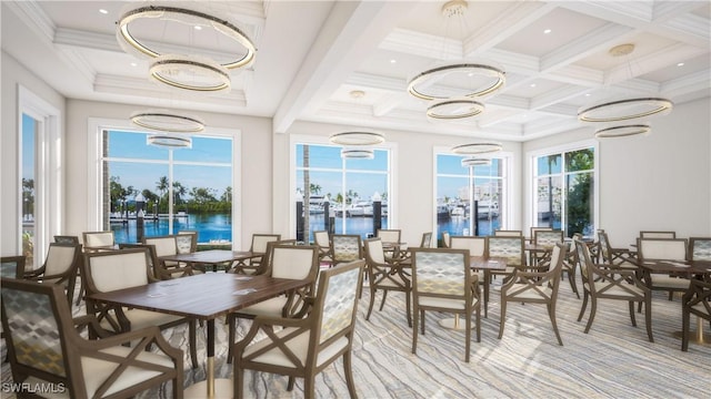 14571 Grande Cay Cir Unit 3203, Fort Myers, FL 33908 - sunroom / solarium with an inviting chandelier, a water view, beamed ceiling, and coffered ceiling