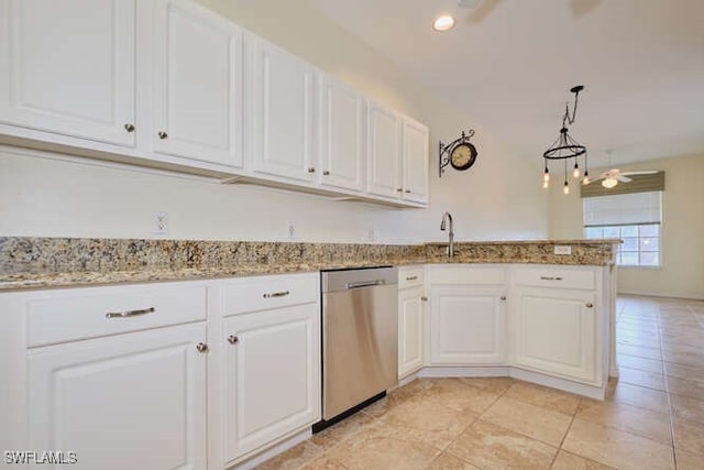 14571 Grande Cay Cir Unit 3203, Fort Myers, FL 33908 - kitchen featuring stainless steel dishwasher, a ceiling fan, white cabinets, and a peninsula