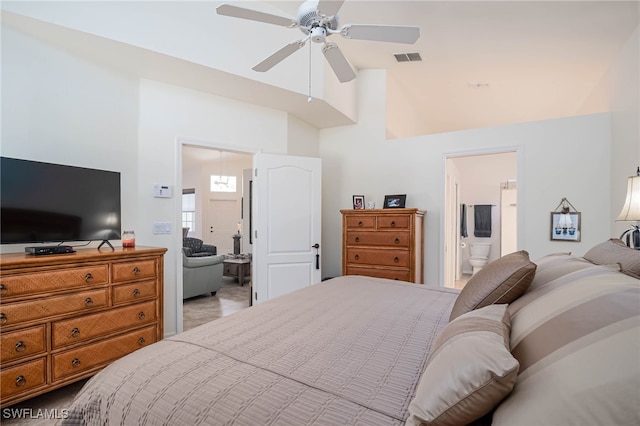 bedroom featuring a ceiling fan, ensuite bathroom, visible vents, and high vaulted ceiling