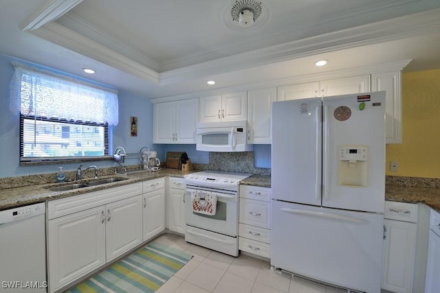 25402 Golf Lake Cir Unit 114, Bonita Springs, FL 34135 - kitchen featuring crown molding, visible vents, white appliances, a raised ceiling, and a sink