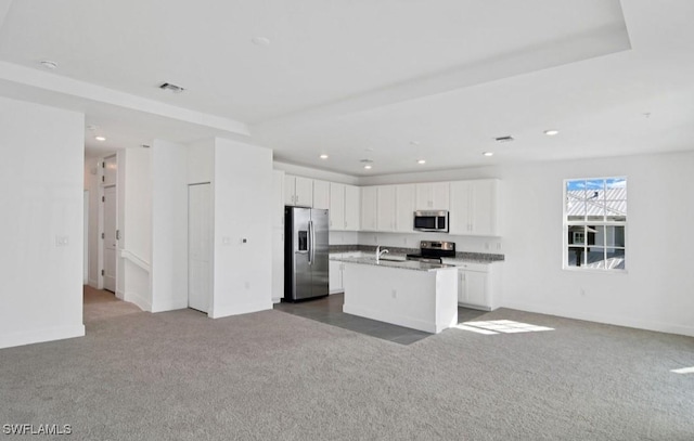kitchen with appliances with stainless steel finishes, carpet floors, and open floor plan