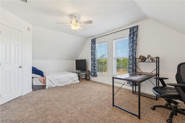239 Leawood Cir, Naples, FL 34104 - bedroom featuring carpet floors, lofted ceiling, an office area, a ceiling fan, and baseboards