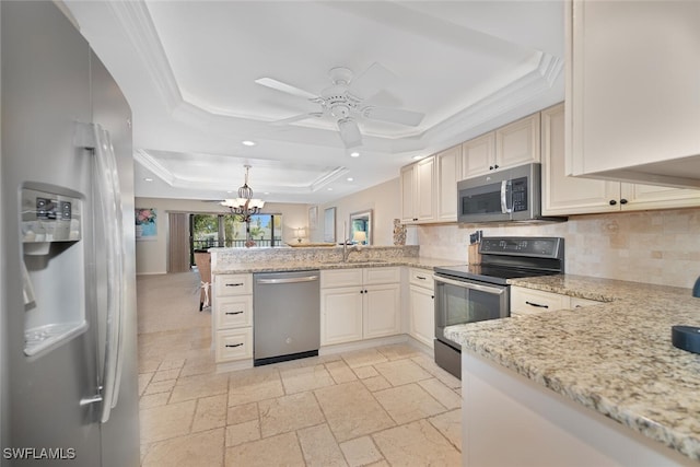 1400 Blue Point Ave Unit 202, Naples, FL 34102 - kitchen featuring stainless steel appliances, a tray ceiling, a sink, a peninsula, and crown molding