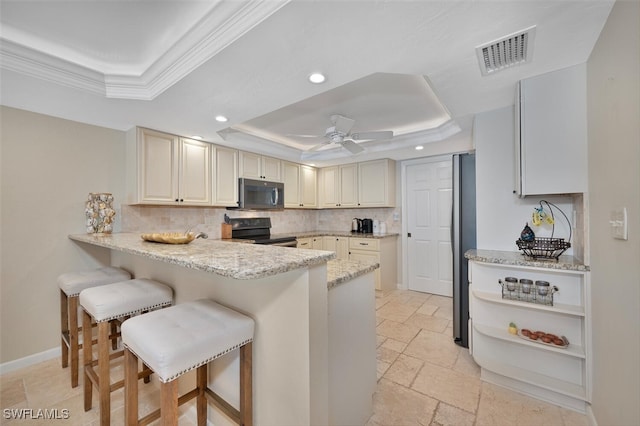 1400 Blue Point Ave Unit 202, Naples, FL 34102 - kitchen featuring appliances with stainless steel finishes, a tray ceiling, a peninsula, recessed lighting, and tasteful backsplash