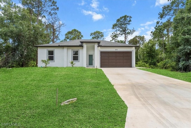 836 Clow St E, Lehigh Acres, FL 33974 - prairie-style house with stucco siding, concrete driveway, a garage, a front yard, and roof with shingles