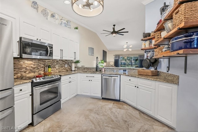 10225 Bismark Palm Way Unit 1626, Fort Myers, FL 33966 - kitchen featuring appliances with stainless steel finishes, open shelves, a sink, ornamental molding, and tasteful backsplash