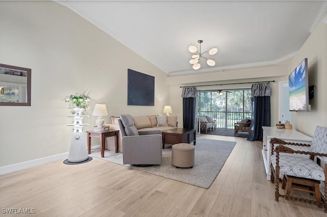 10225 Bismark Palm Way Unit 1626, Fort Myers, FL 33966 - living area with vaulted ceiling, ornamental molding, light wood finished floors, and a chandelier