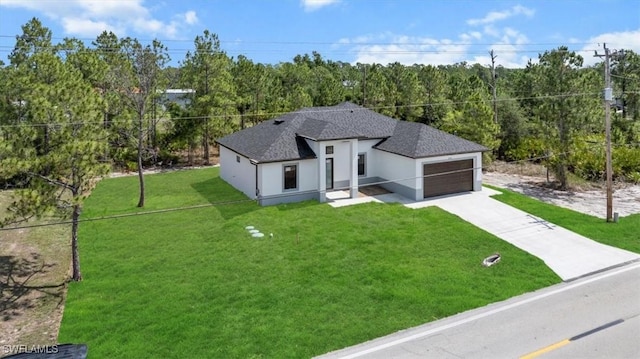 203 E 10th St, Lehigh Acres, FL 33972 - view of front of home featuring driveway, stucco siding, a garage, a front lawn, and a shingled roof