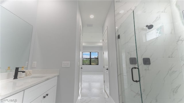 203 E 10th St, Lehigh Acres, FL 33972 - full bathroom featuring a marble finish shower, marble finish flooring, vanity, recessed lighting, and baseboards