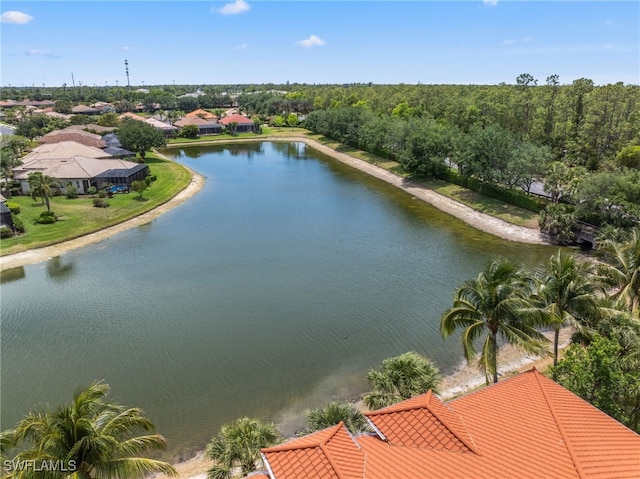 drone / aerial view with a water view