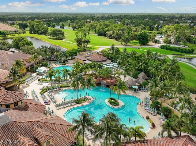 aerial view featuring a water view and golf course view