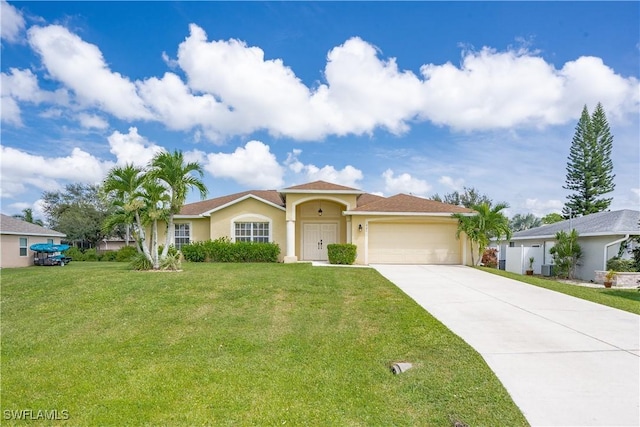 view of front facade featuring a front lawn, an attached garage, concrete driveway, and stucco siding